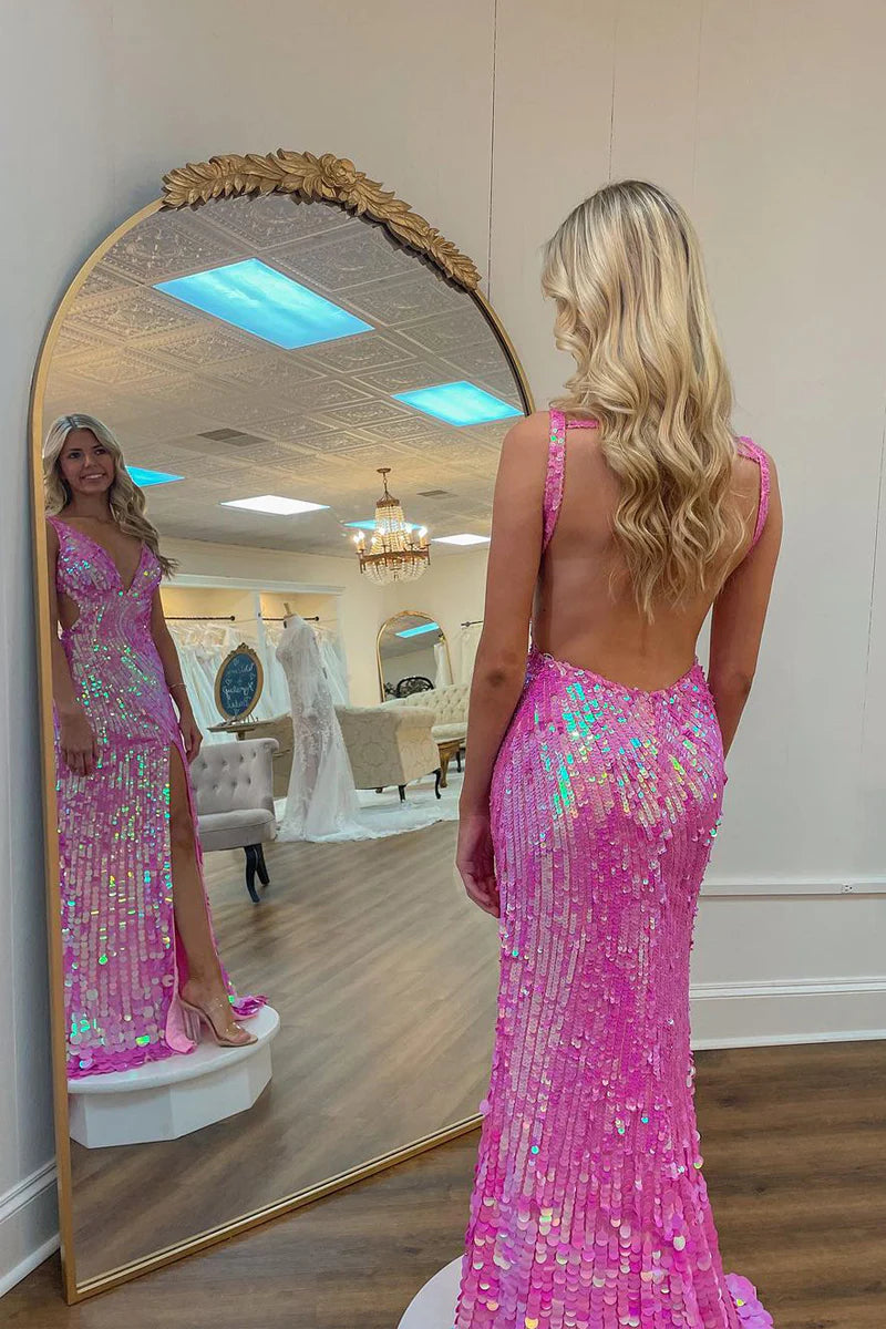 Pink Sequins V Neck Mermaid Backless Long Prom Dress