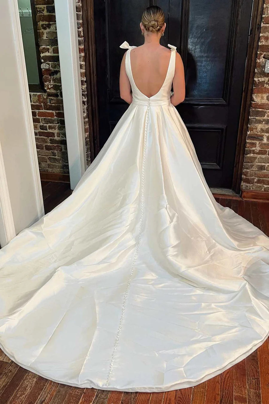 Satin Plunge V Long Wedding Dress with Bows