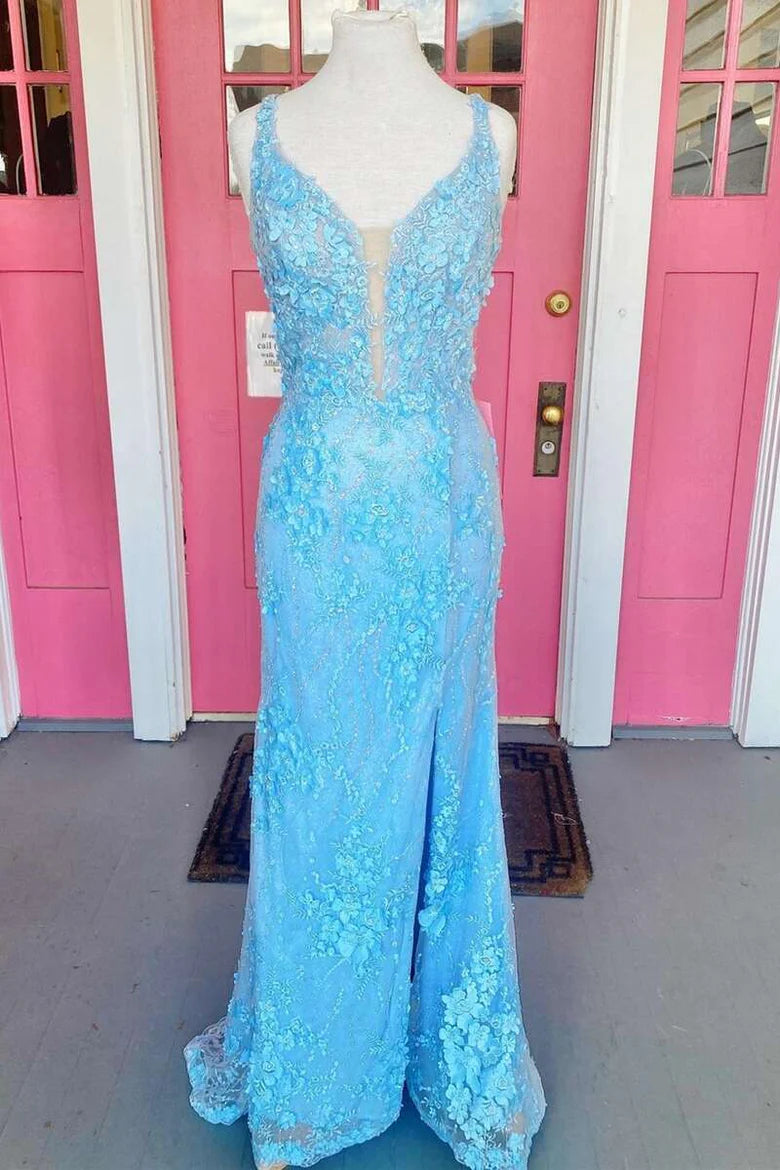 3D Floral Lace Lace-Up Back Long Prom Dress