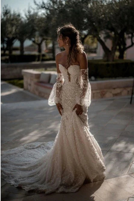 Mermaid Wedding Gown Off-the-Shoulder Long Sleeves Sweep Train Appliqued Wedding Dress