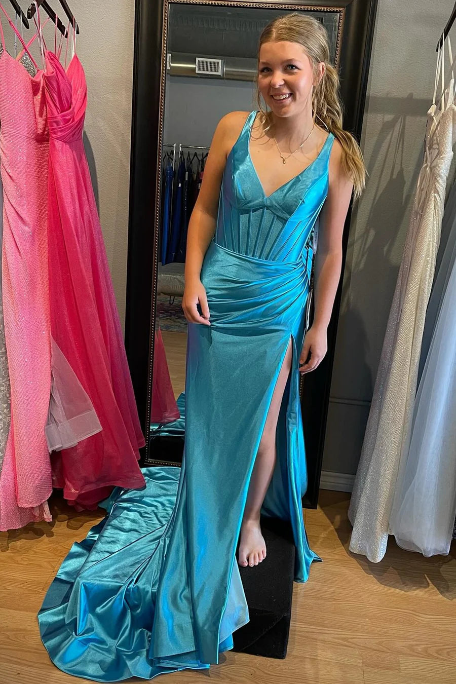 V-Neck Ruched Mermaid Long Formal Dress with Slit