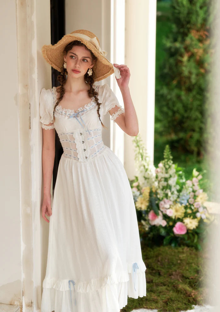 White Cotton Midi Dresses with Square Neck Lace Trim Puff Sleeves Blue Ribbon Accents Lace Corset Waist and Tiered Ruffle Hem