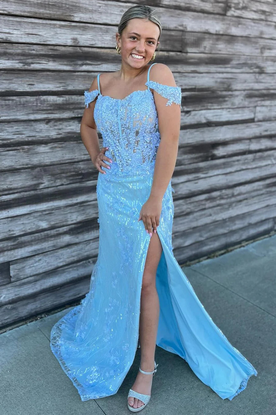 Floral Lace Cold-Shoulder Mermaid Long Prom Dress with Slit