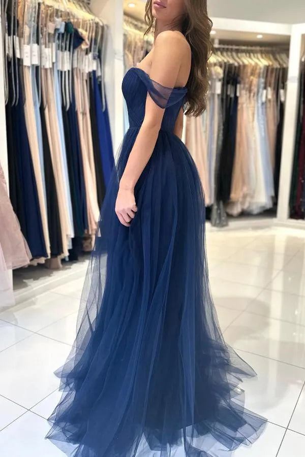 Long A-line Strapless Off the Shoulder Tulle Prom Dress