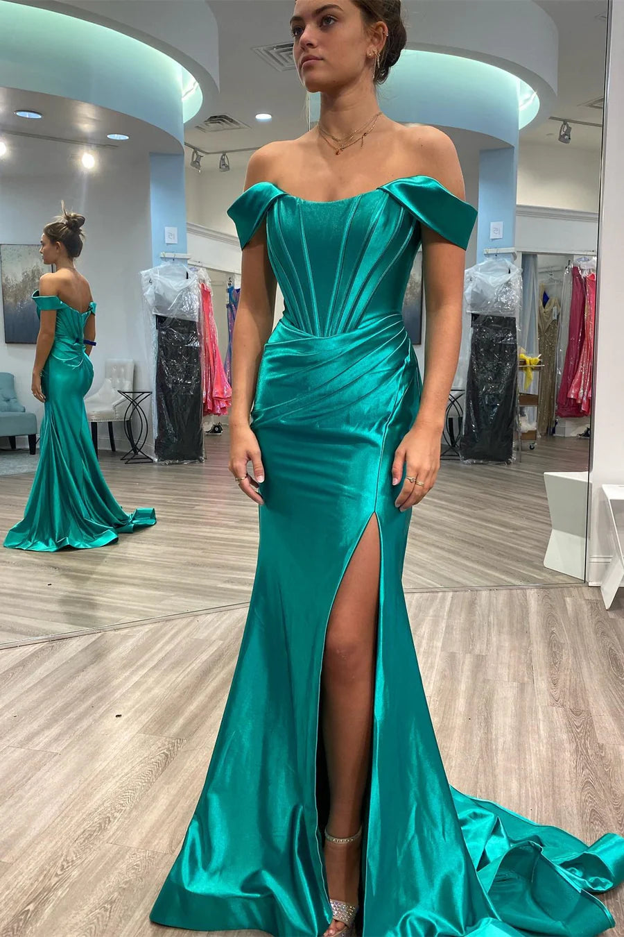 Off-the-Shoulder Pleated Mermaid Long Formal Dress