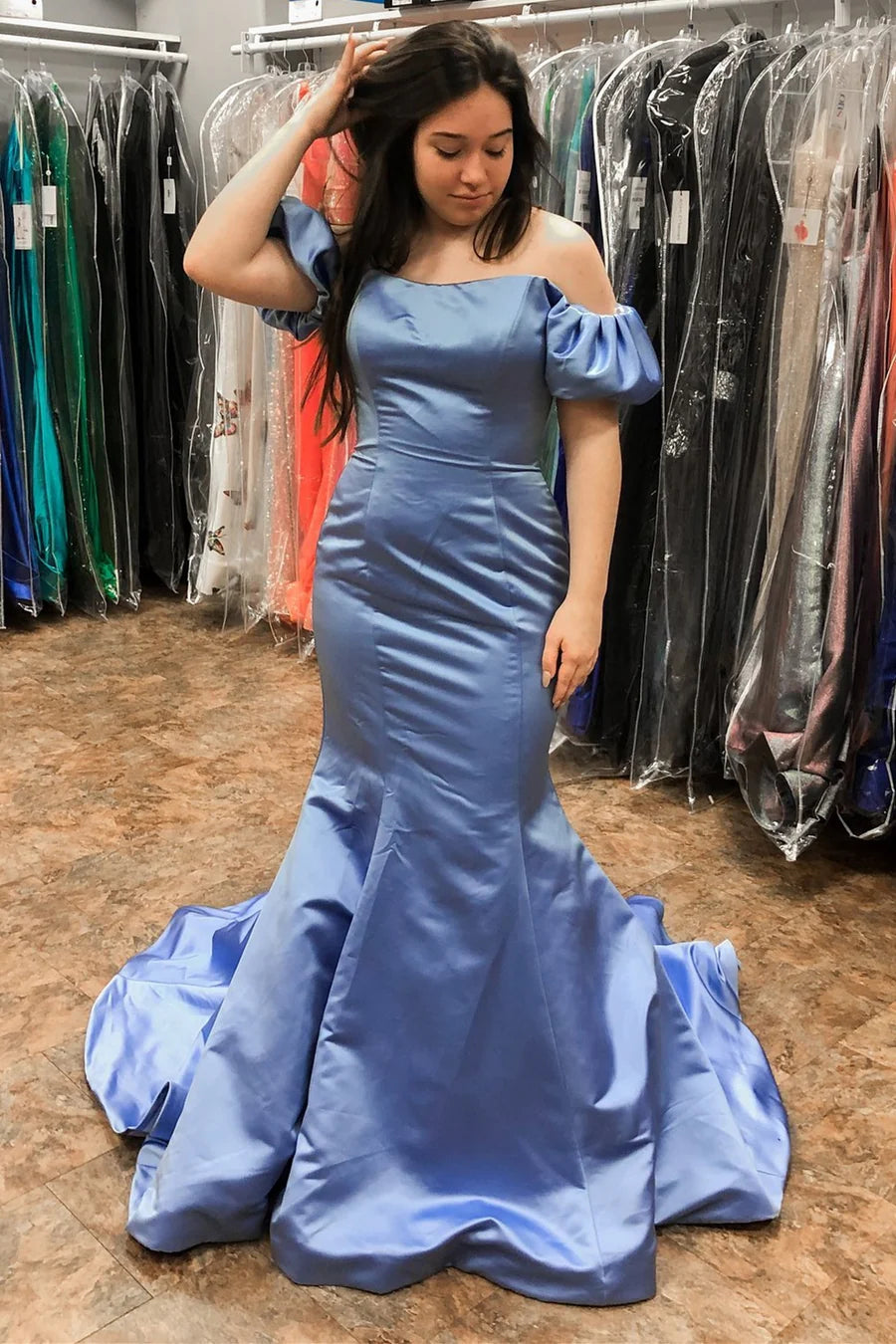 Off-the-Shoulder Puff Sleeve Trumpet Long Prom Dress