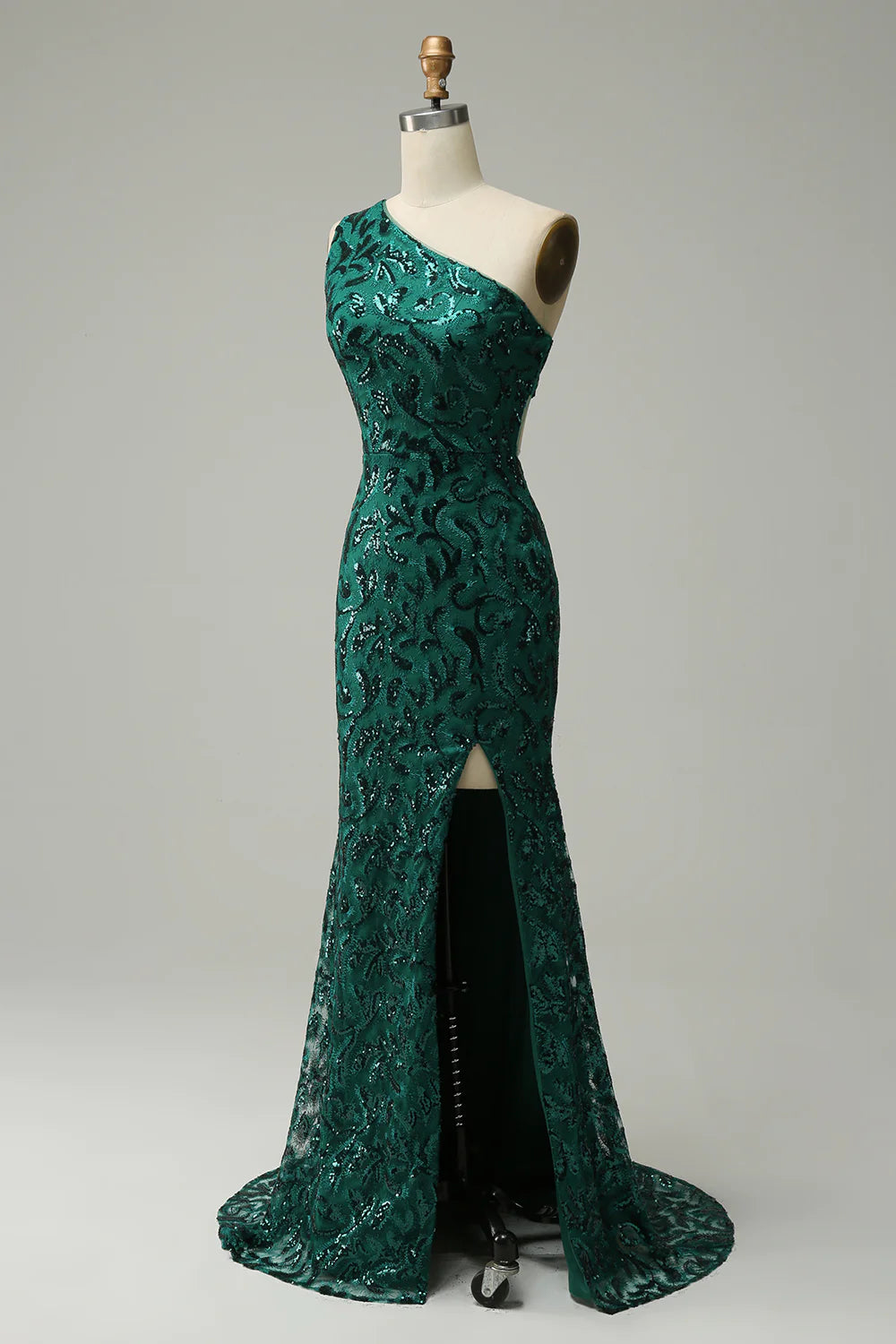 Mermaid One Shoulder Dark Green Sequins Long Prom Dress with Split Front