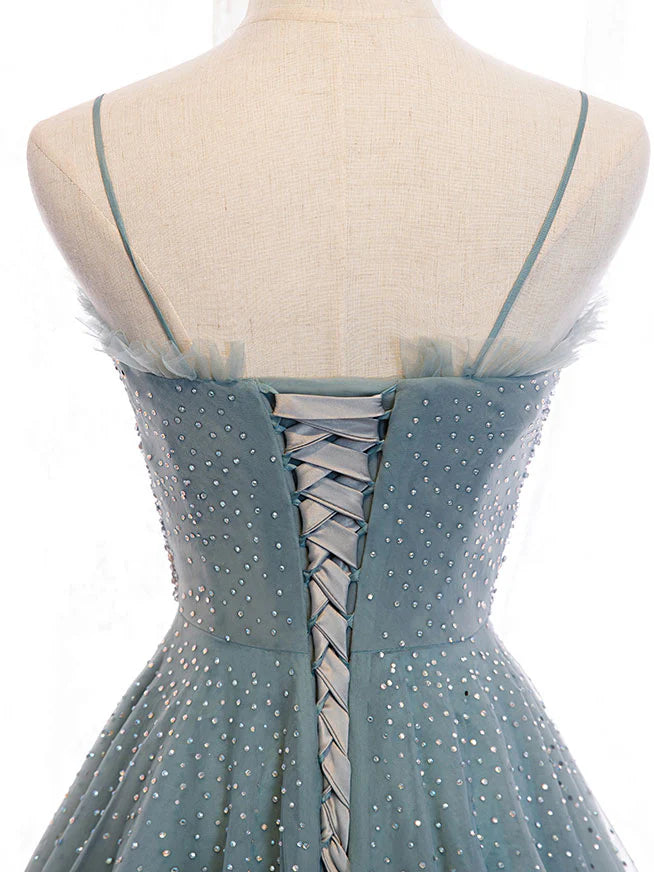 Sweetheart Neck Tulle Sequin Long Prom Dress Green Evening Dress