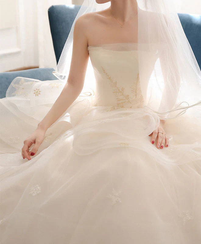 Champagne Tulle Long Wedding Dress Champagne Bridal Dress