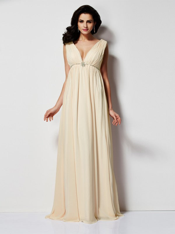 A-Line/Princess V-neck Sleeveless Pleats Long Chiffon Dresses