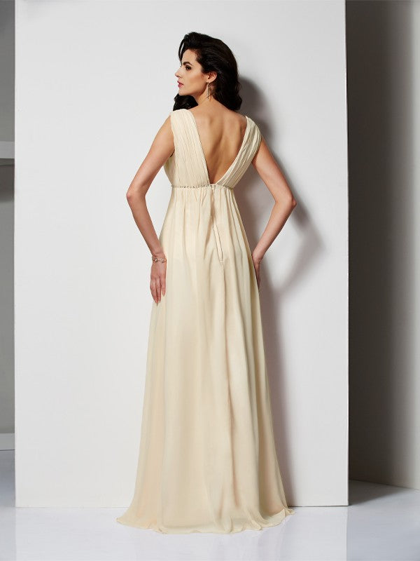 A-Line/Princess V-neck Sleeveless Pleats Long Chiffon Dresses