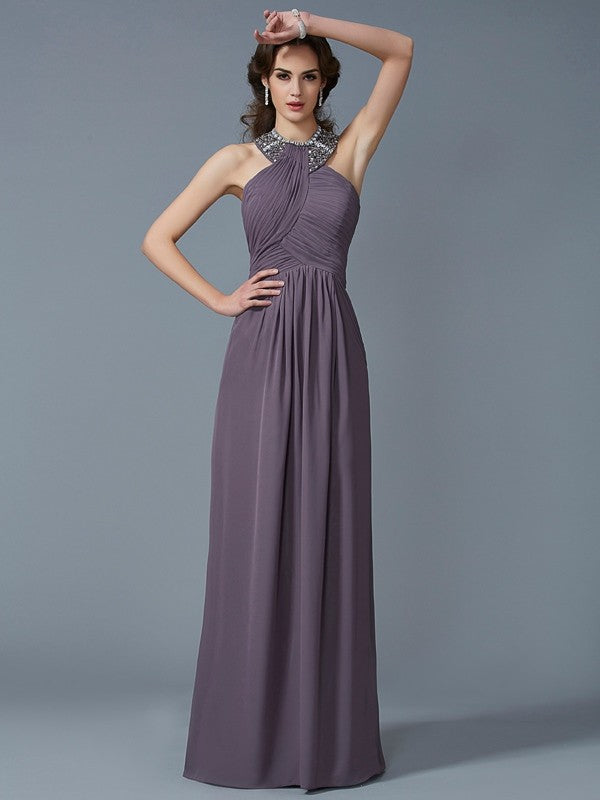Sheath/Column High Neck Sleeveless Beading Long Chiffon Dresses