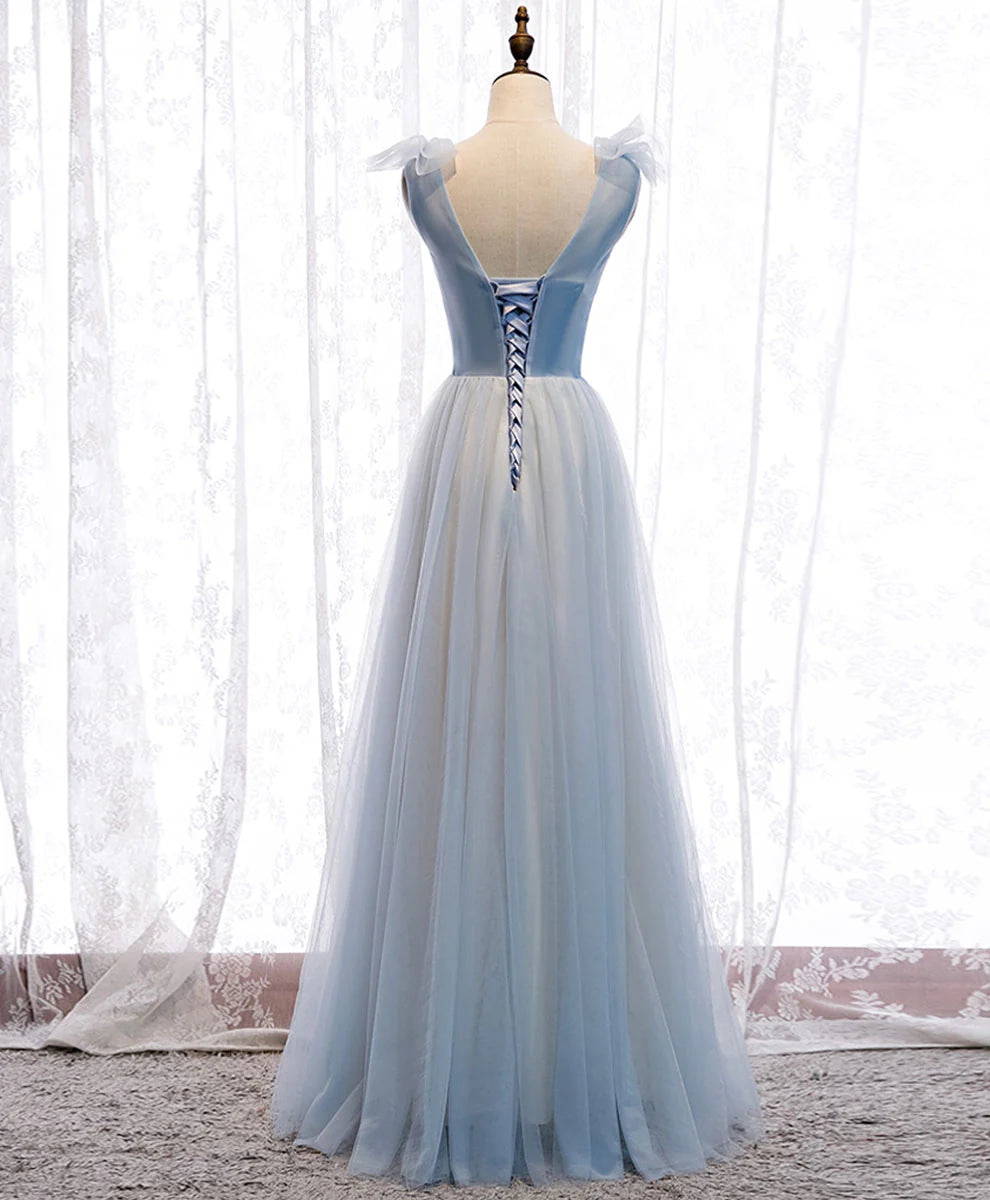 Blue V Neck Tulle Long Prom Dress Blue Formal Party Dresses