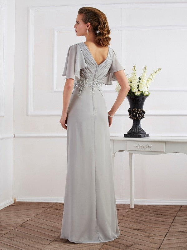 Sheath/Column V-neck Short Sleeves Beading Long Chiffon Dresses