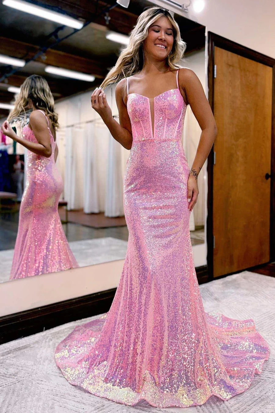 Pink Scoop Neck Straps Trumpet Long Prom Dress