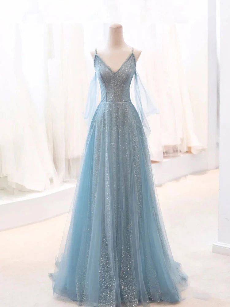 V Neck Tulle Sequin Long Prom Dress Blue Evening Dress