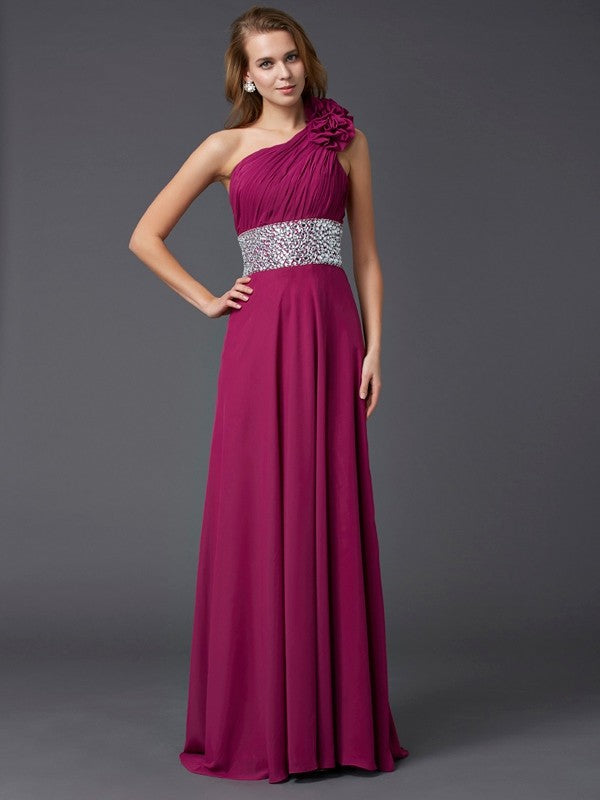 A-Line/Princess One-Shoulder Sleeveless Beading Long Chiffon Dresses