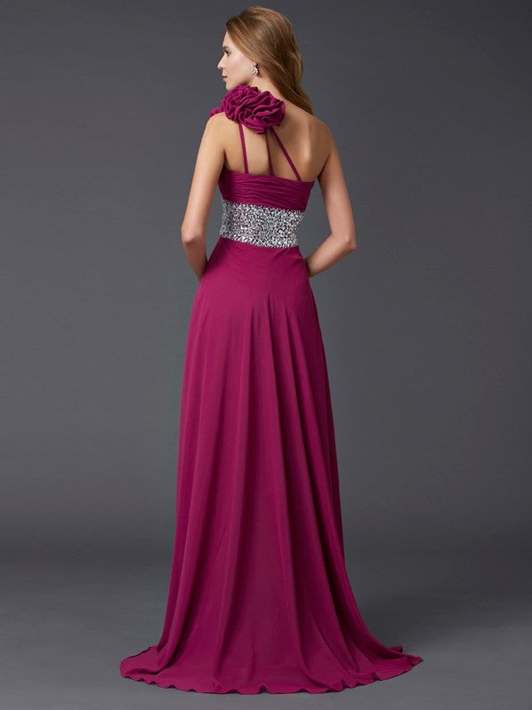 A-Line/Princess One-Shoulder Sleeveless Beading Long Chiffon Dresses
