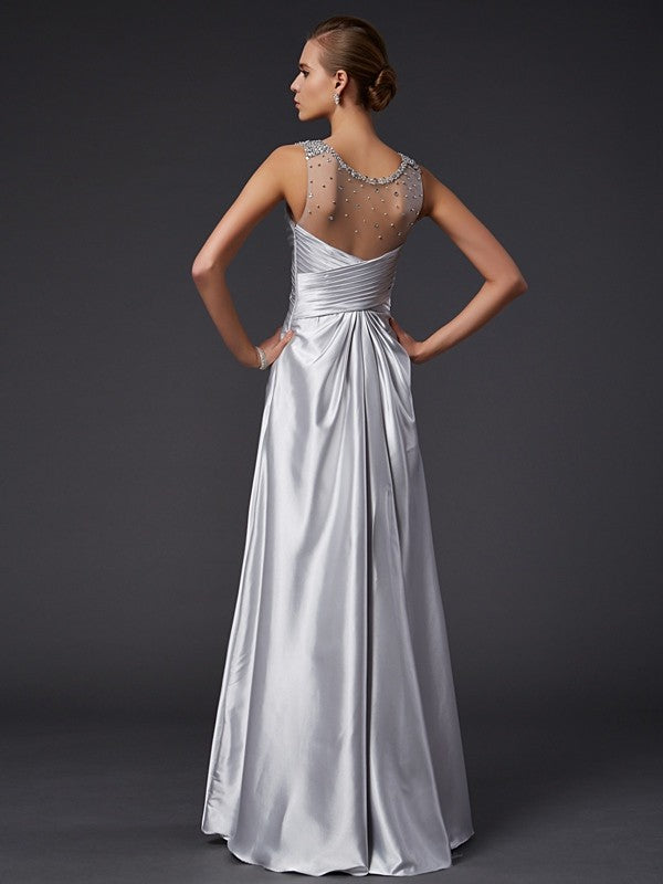 A-Line/Princess V-neck Sleeveless Beading Long Elastic Woven Satin Dresses