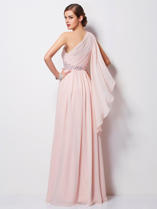 Sheath/Column One-Shoulder Sleeveless Beading Long Chiffon Dresses