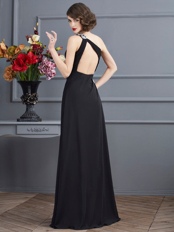 Sheath/Column One-Shoulder Sleeveless Beading Long Chiffon Dresses