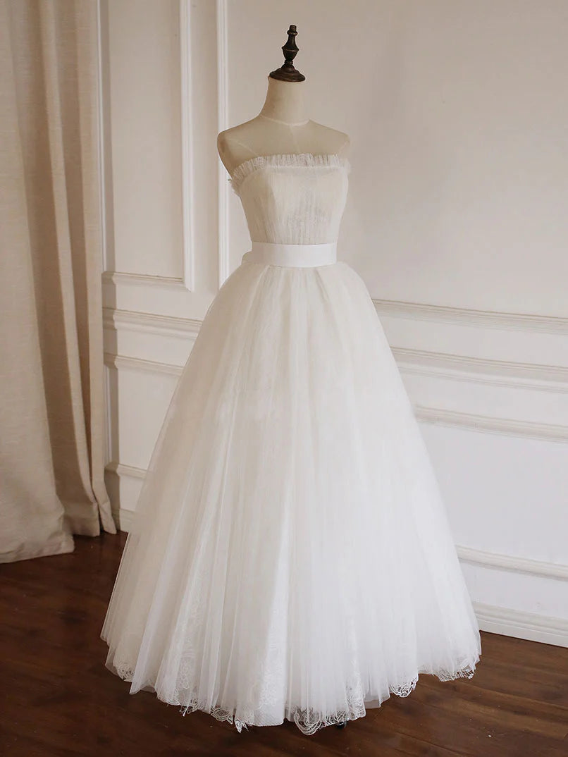 Lace Tea Length White Prom Dress Tulle Lace Bridesmaid Dress
