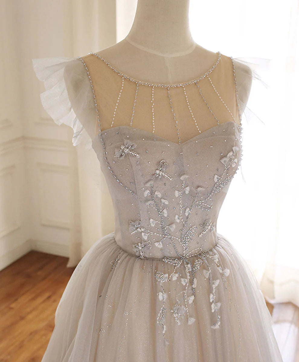 Round Neck Tulle Long Prom Dress A line Formal Graduation Dress