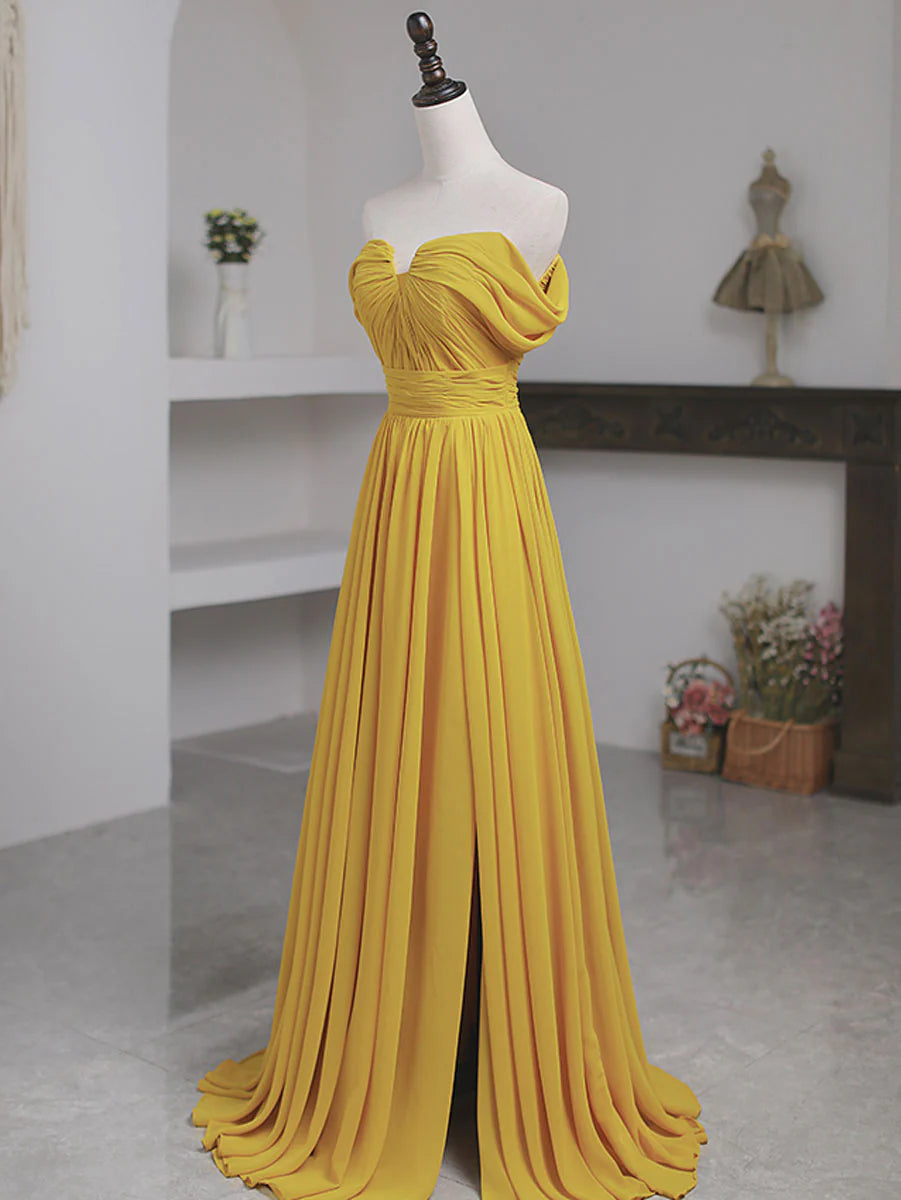 Yellow Off Shoulder Long Prom Dress Yellow Chiffon Graduation Dresses