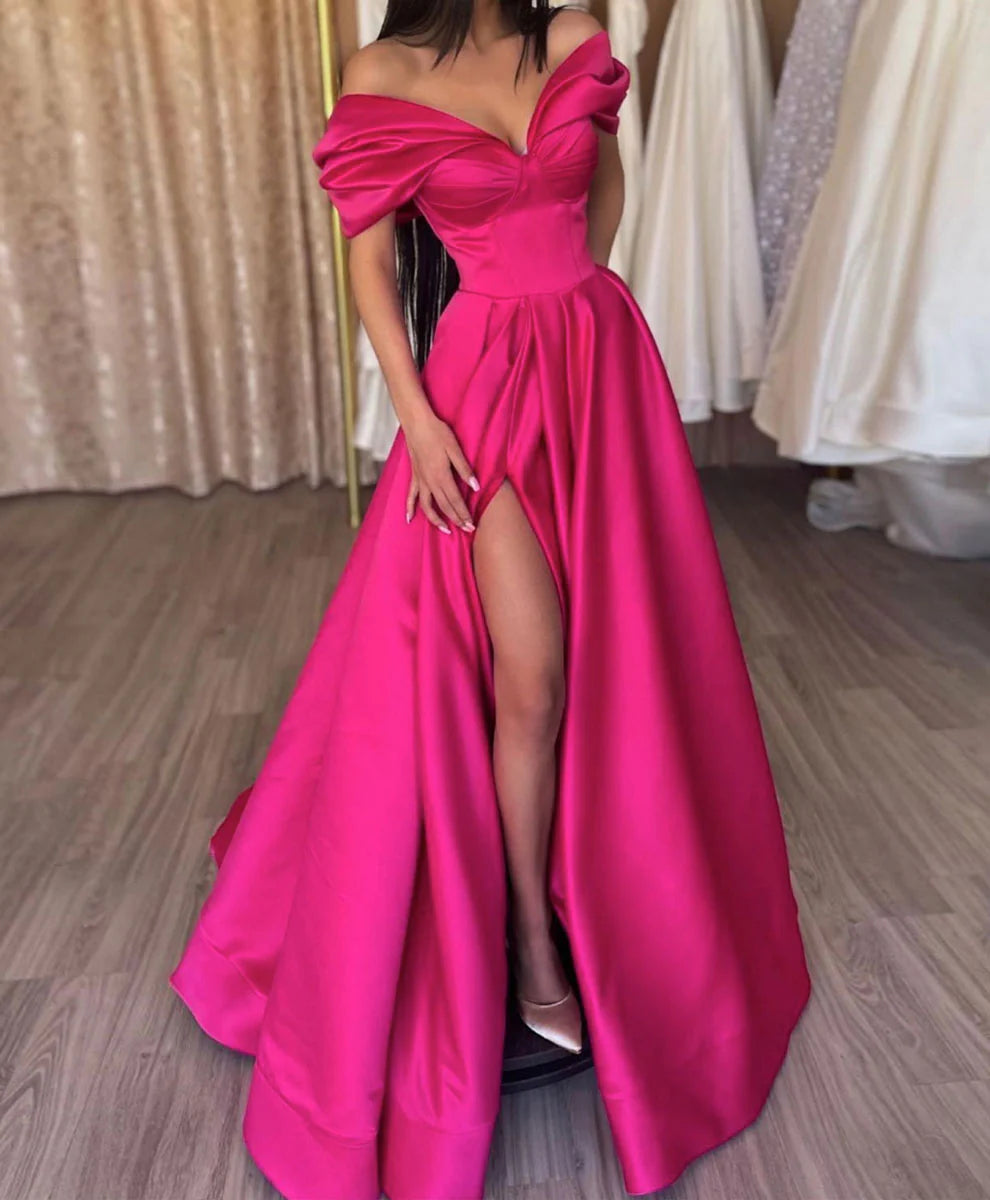 V Neck Off Shoulder Satin Long Prom Dress Red A Line Evening Dress