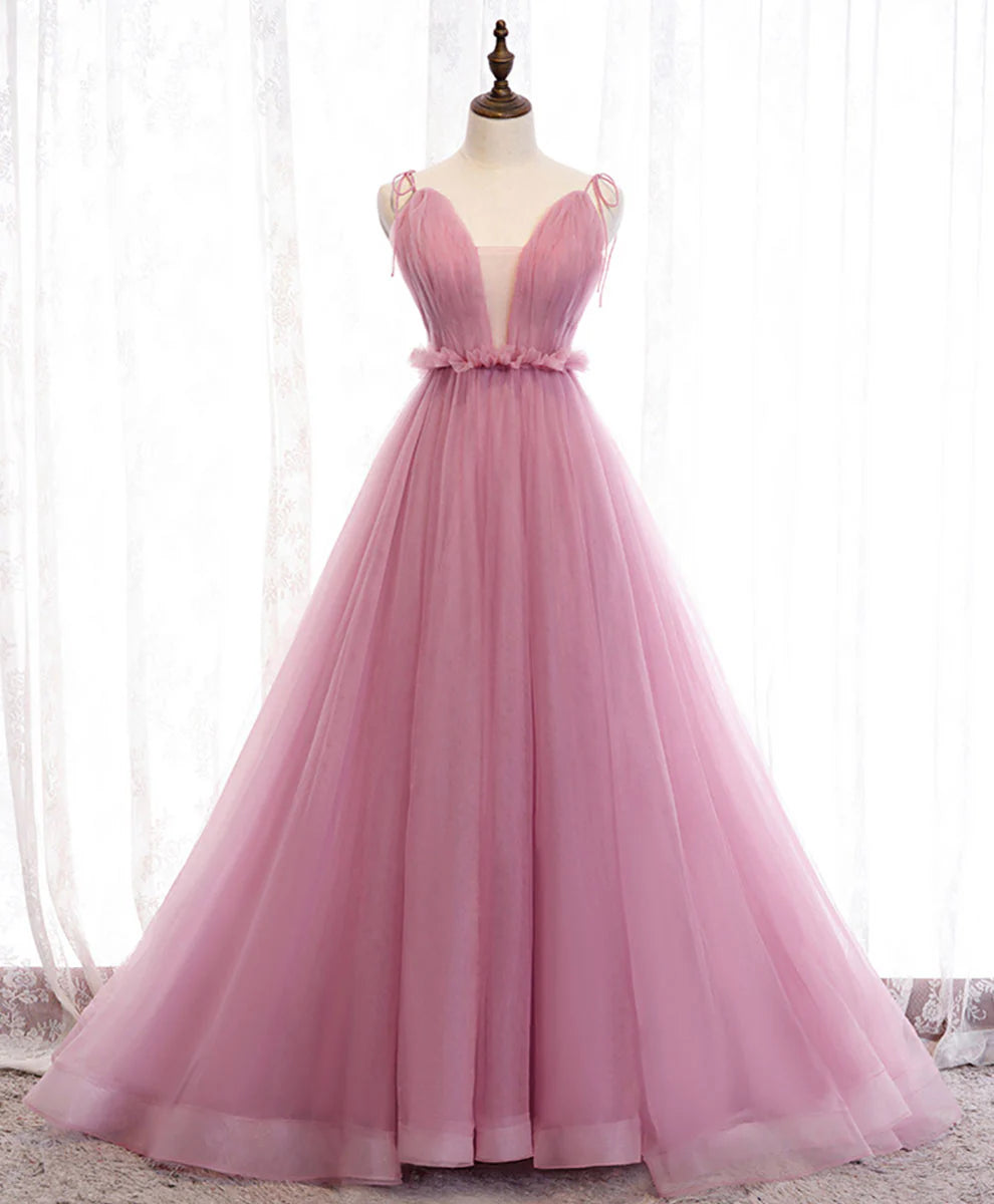 V Neck Long Prom Dress Aline Pink Formal Evening Dresses