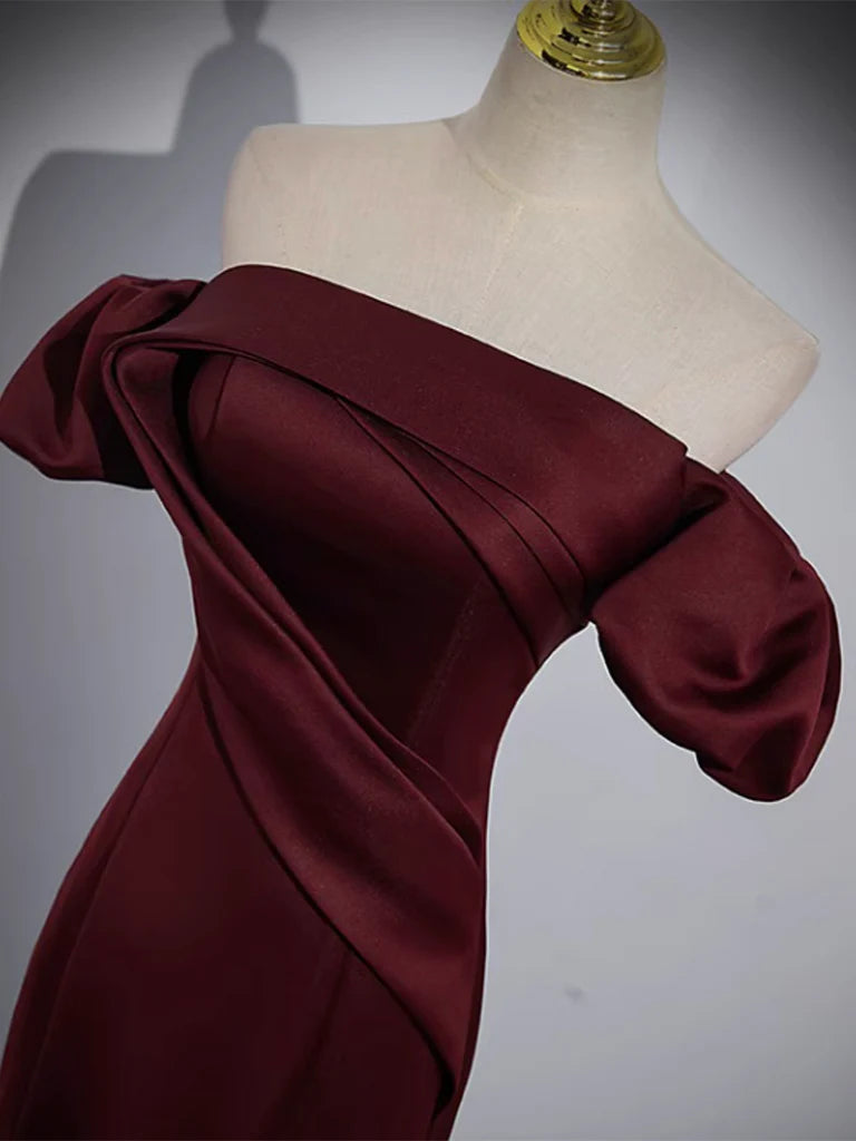 off Shoulder Satin Burgundy Long Prom Dress Burgundy Formal Dress