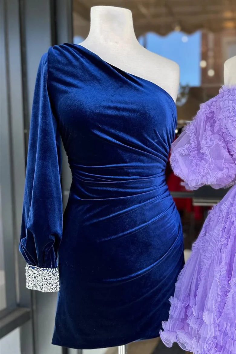 Velvet One-Sleeve Short Cocktail Dress