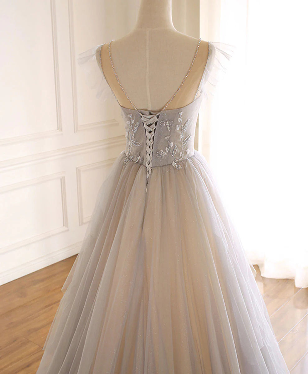 Round Neck Tulle Long Prom Dress A line Formal Graduation Dress