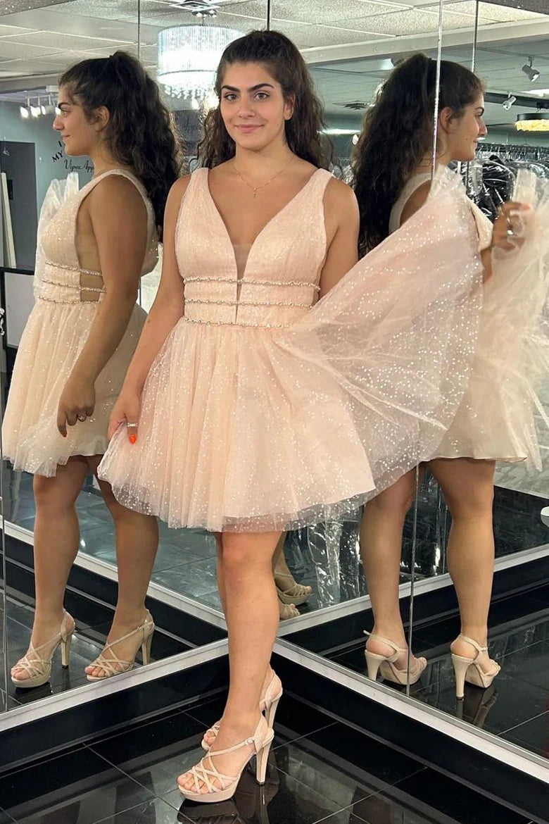 Light Blue V-Neck A-Line Short Homecoming Dress