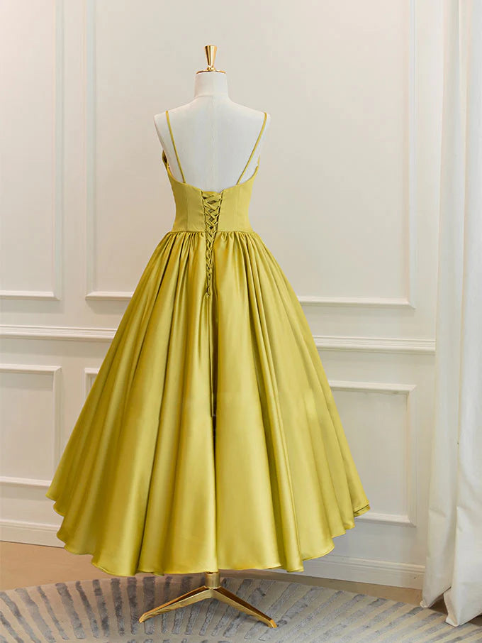 Yellow Satin Tea Length Prom Dress Yellow Homecoming Dress