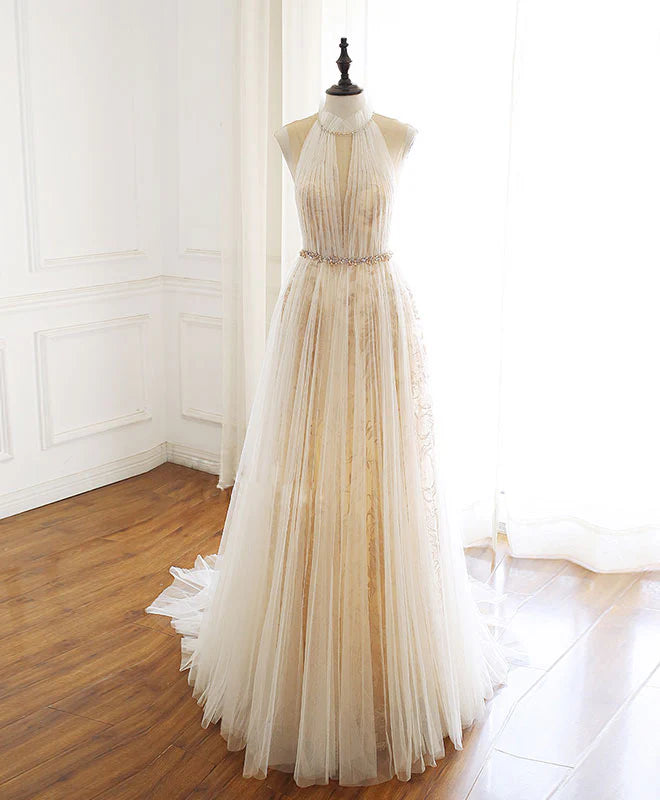 Tulle Lace Long Prom Dress Champagne Evening Dress
