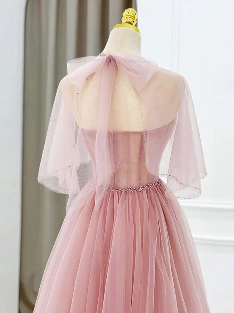 Tulle Tea Length Prom Dress Pink Tulle Formal Dress