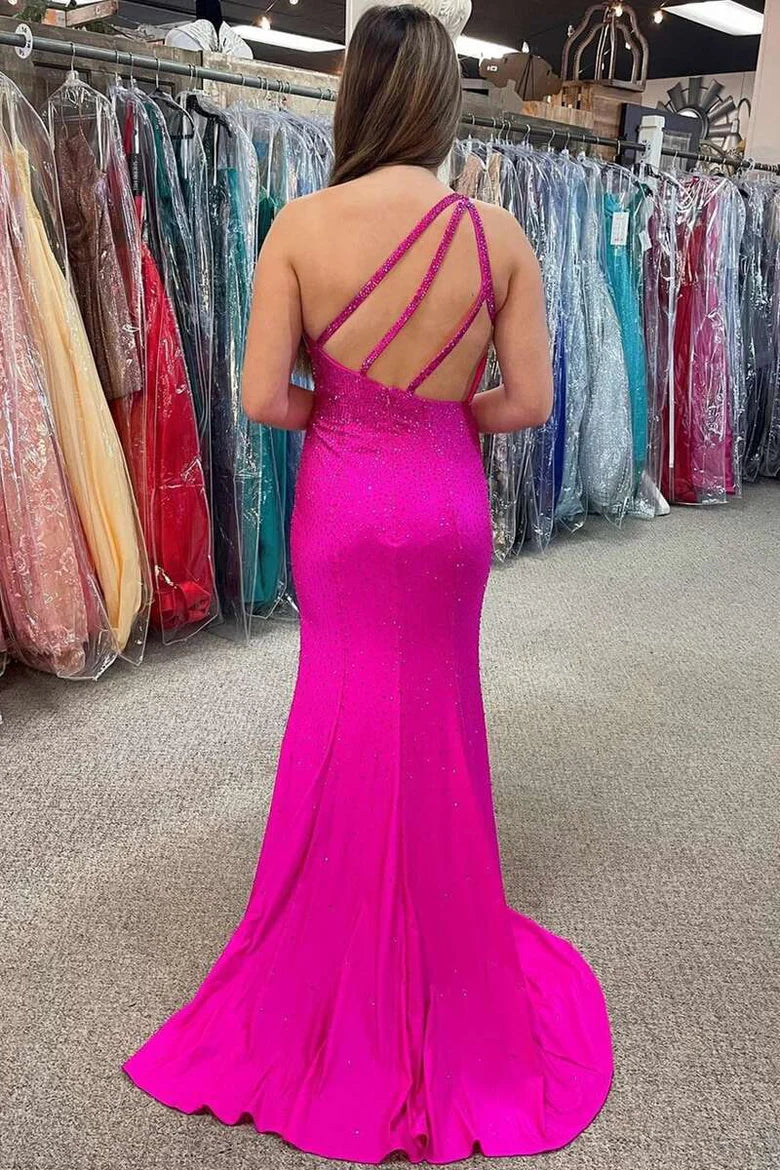 Beaded One-Shoulder Cutout Long Formal Dress