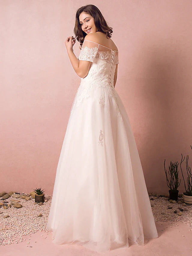 DingjiA-Line Wedding Dresses Off Shoulder Floor Length Lace Satin Tulle Short Sleeve Formal Plus Size with Lace Pearls Lace Insert