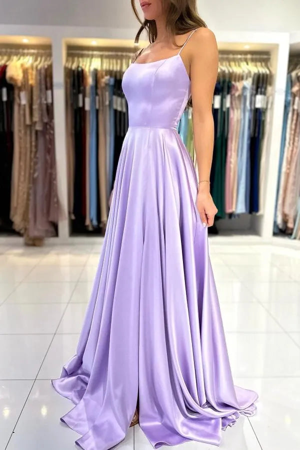 Long A-line Spaghetti Straps Satin Backless Prom Dress with Ruffles