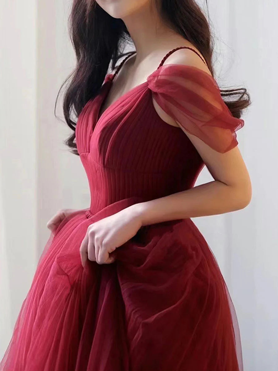 V neck Tulle Burgundy Long Prom Dress Burgundy Tulle Formal Dresses