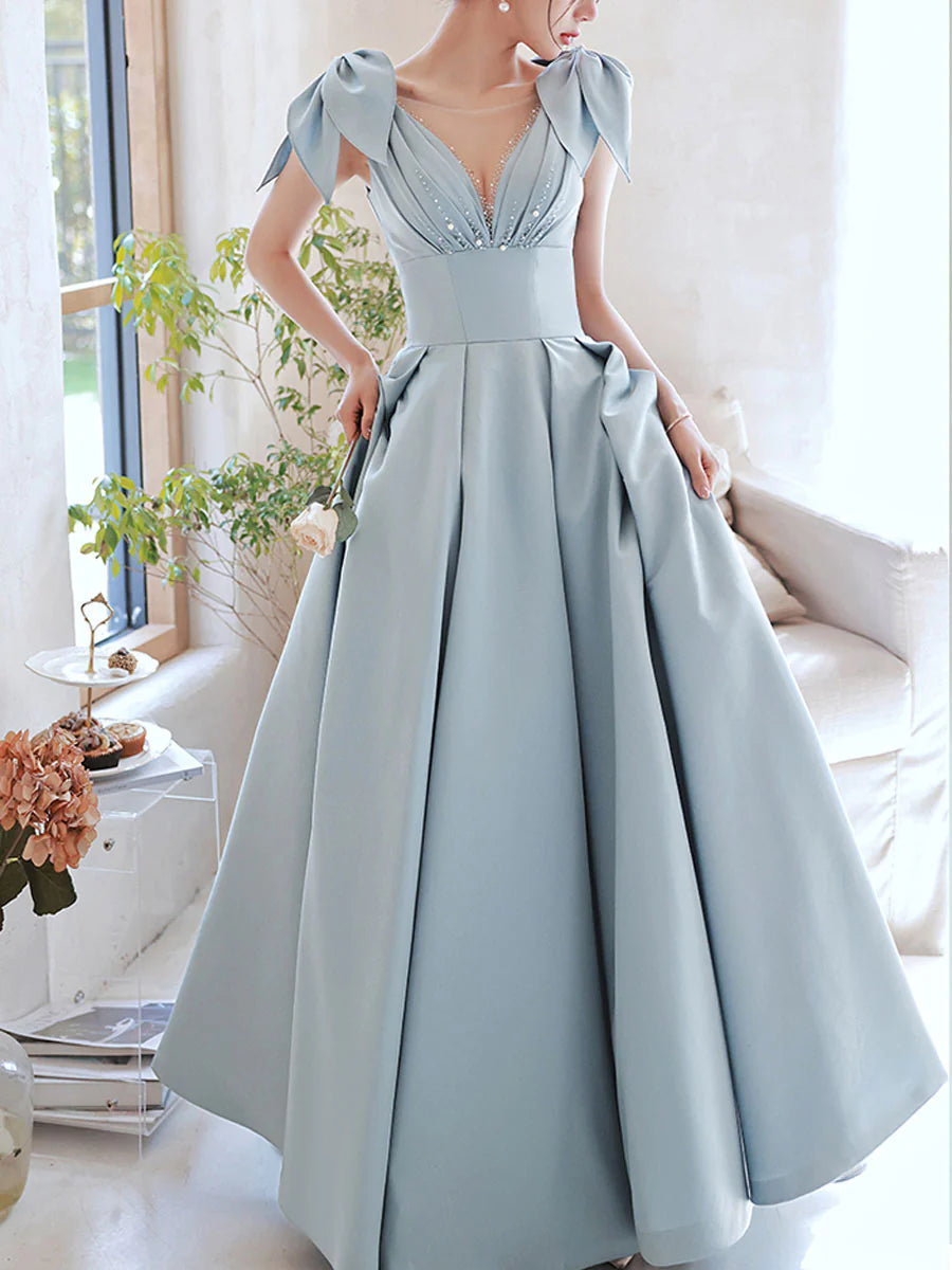 V Neck Satin Long Prom Dress Blue Satin Evening Dresses