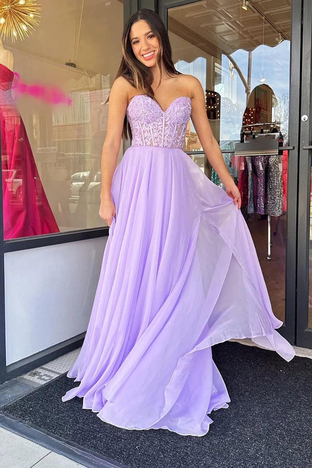 A Line Sweetheart Purple Corset Prom Dress with Appliques