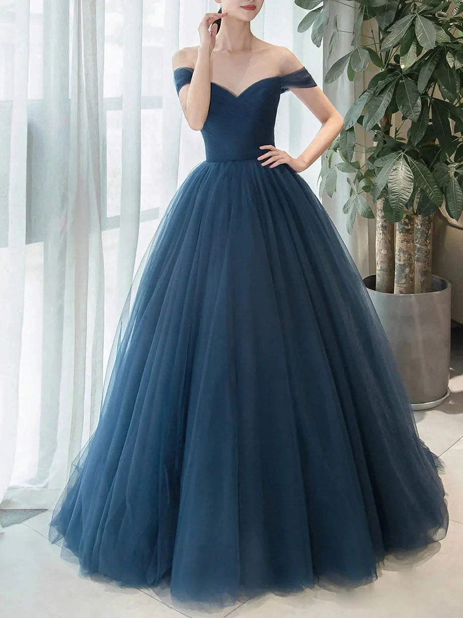 Blue off Long Prom Dresses V Neck Tulle Bridesmaid Dresses