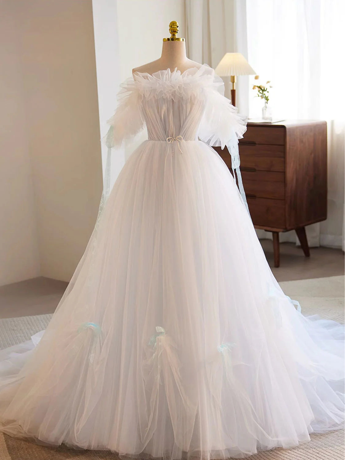 A-Line Tulle Long Wedding Dress White Formal Dress