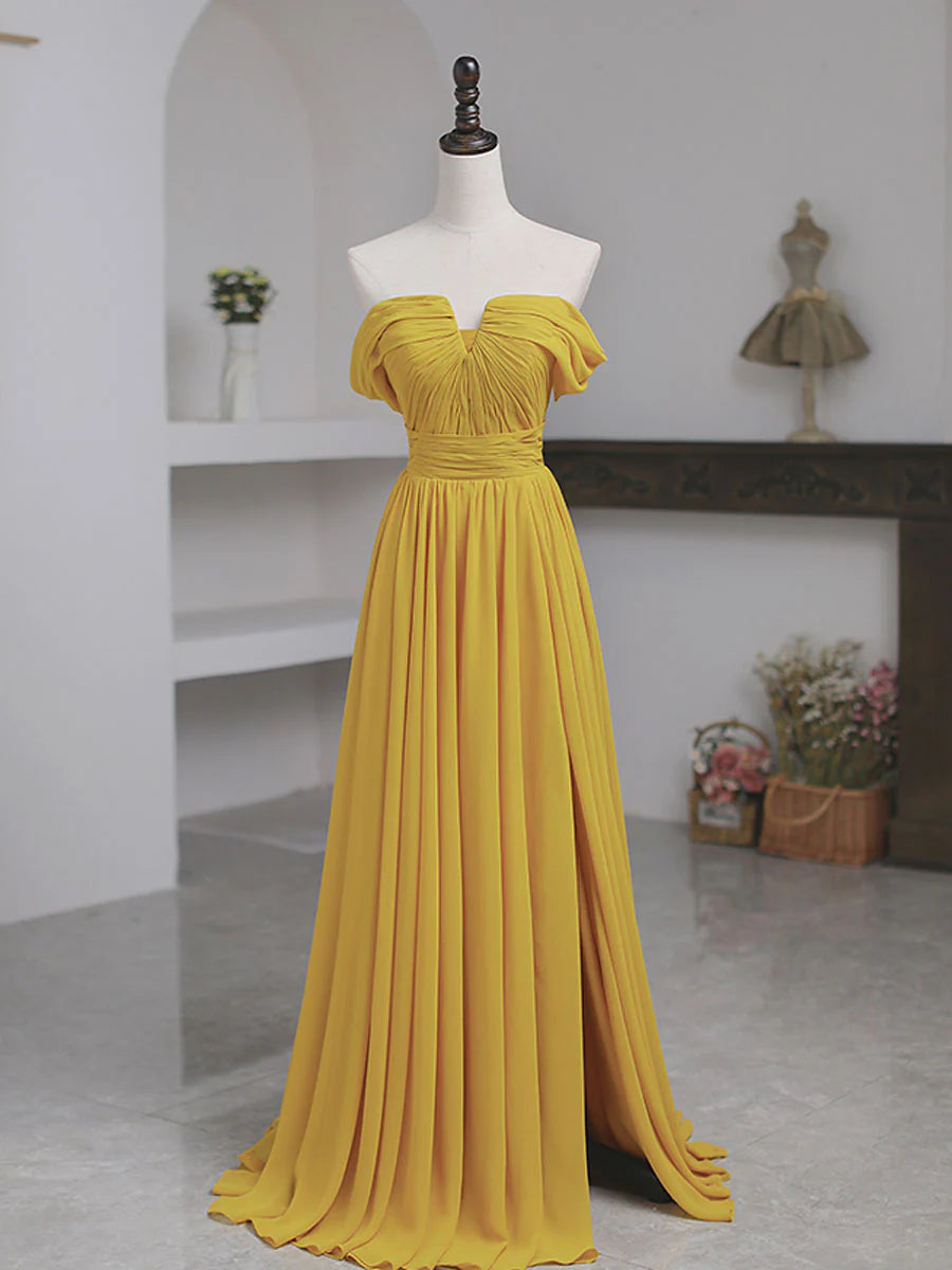 Yellow Off Shoulder Long Prom Dress Yellow Chiffon Graduation Dresses