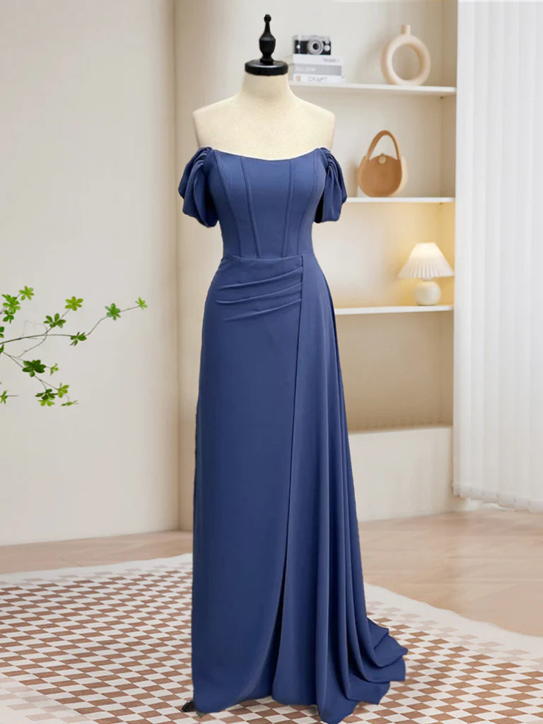 Off Shoulder Gray Blue Long Prom Dress Gray Blue Long Formal Dress