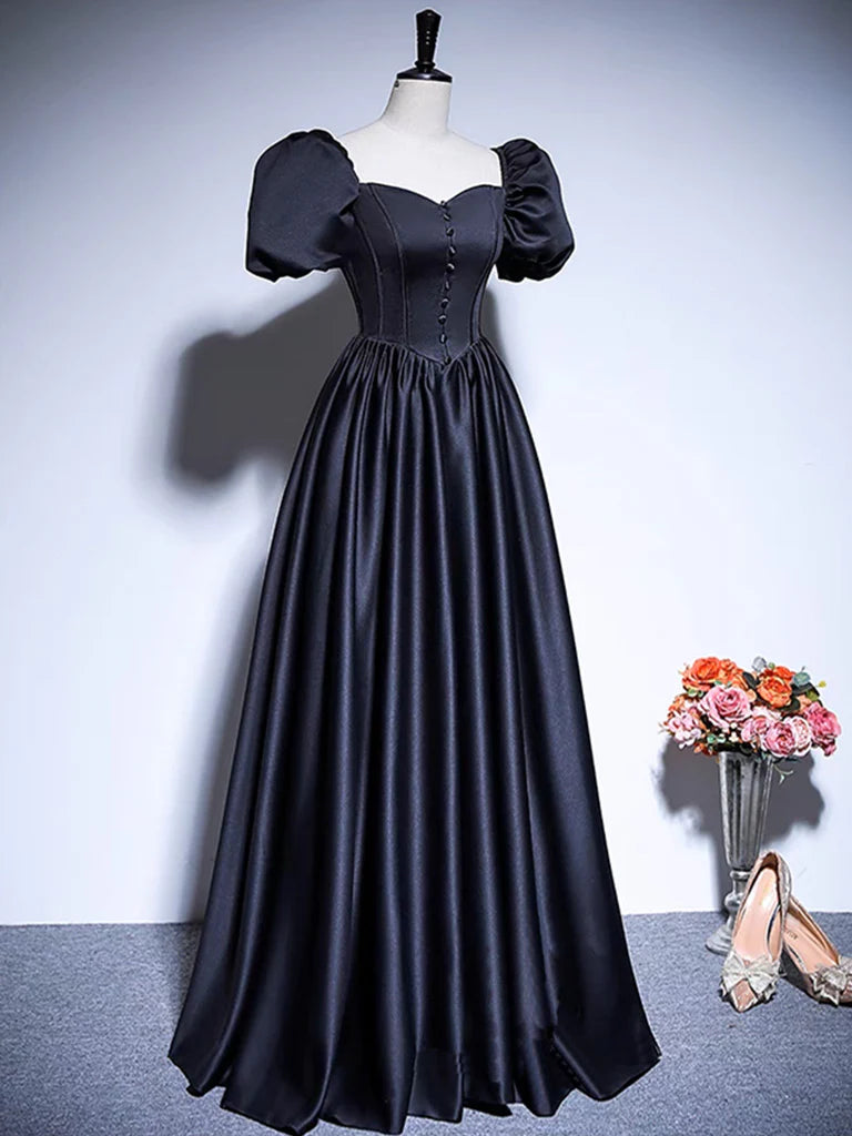 A-Line Satin Puff Sleeves Black Long Prom Dress