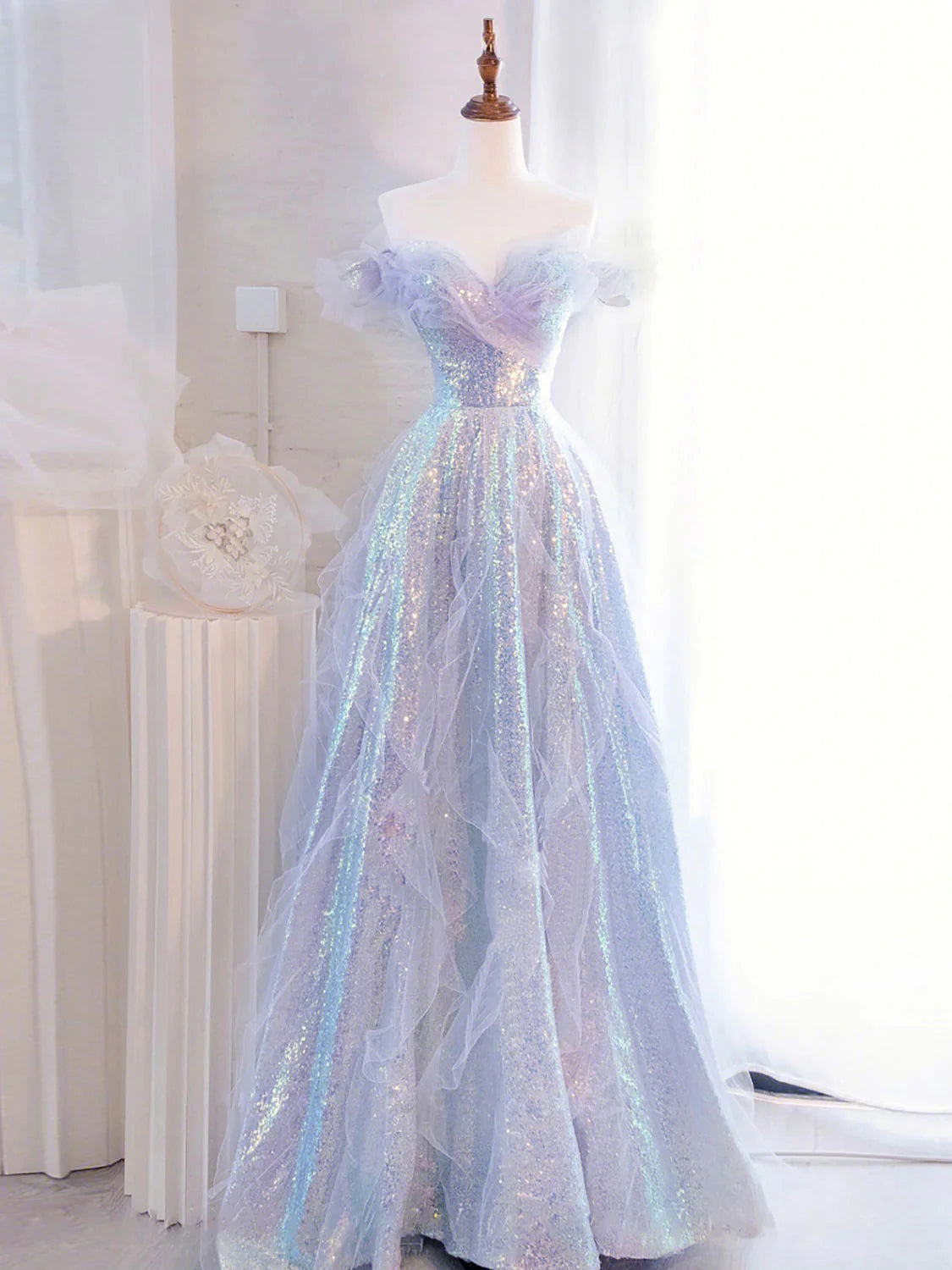 Purple Off Shoulder Sequin Tulle Long Prom Dress