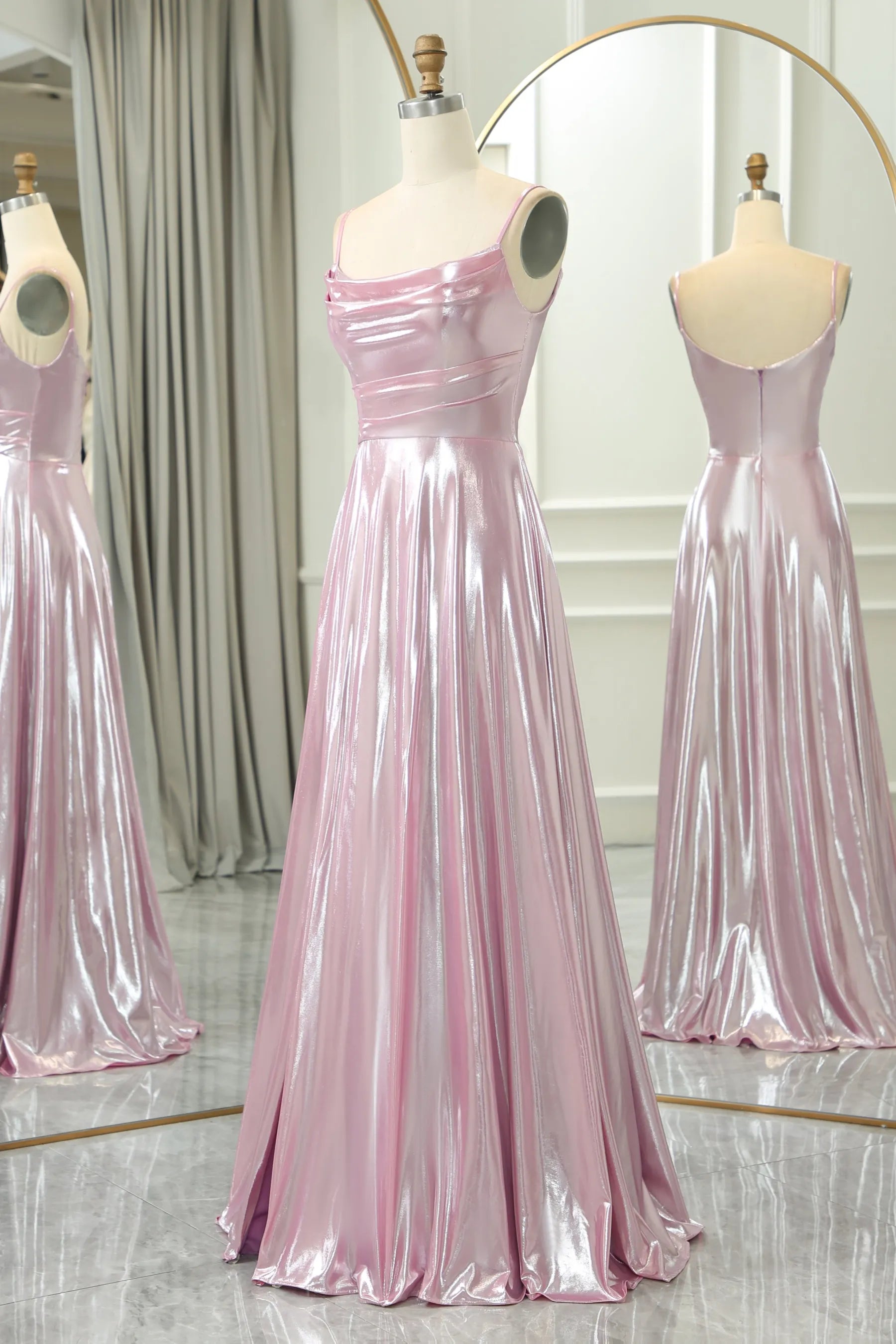 Pink A-Line Spaghetti Straps Long Prom Dress With Slit